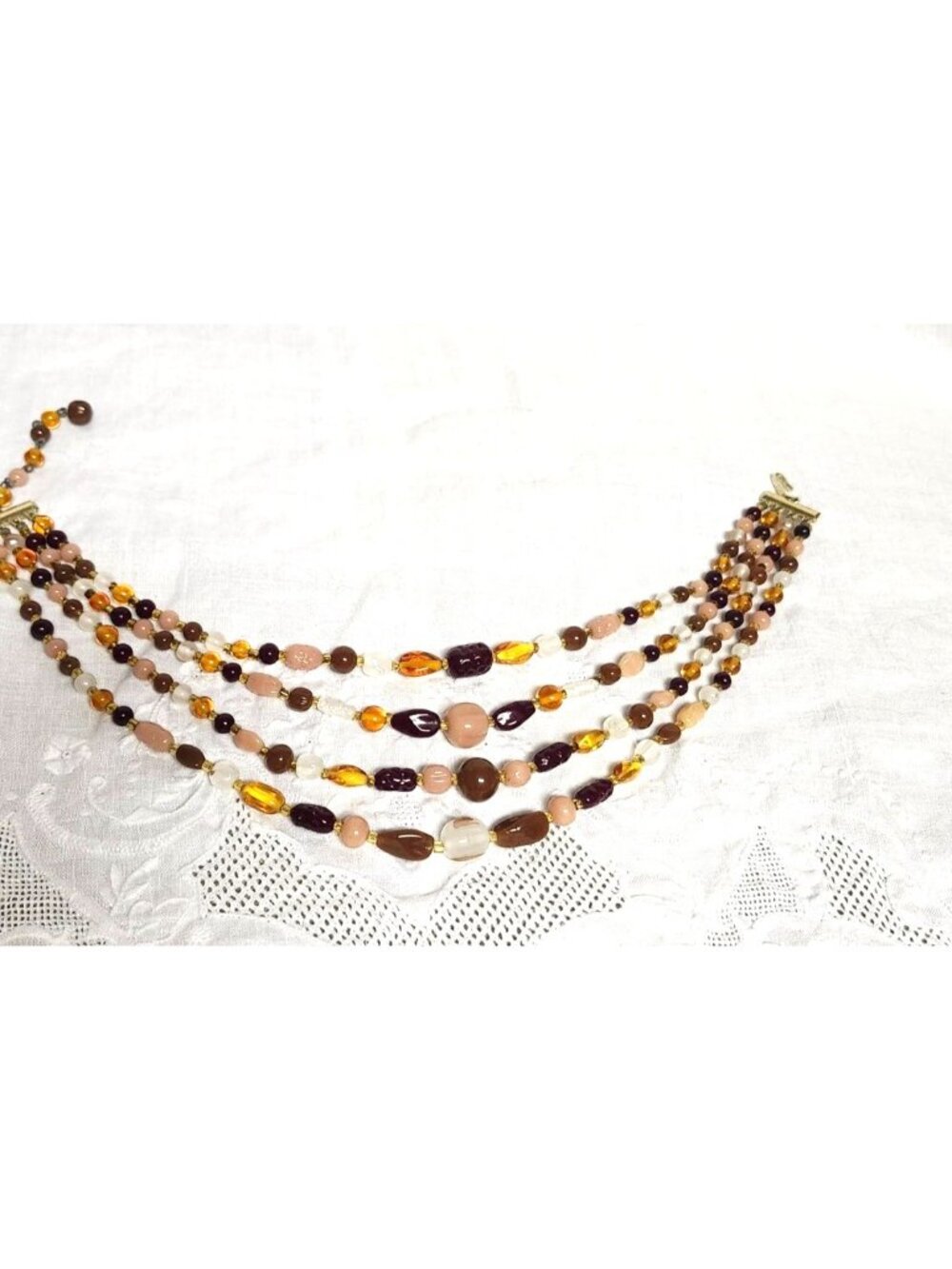 Vintage Multi-Strand Amber Burgundy Cream Beaded Necklace Statement Jewelry - Picture 7 of 9